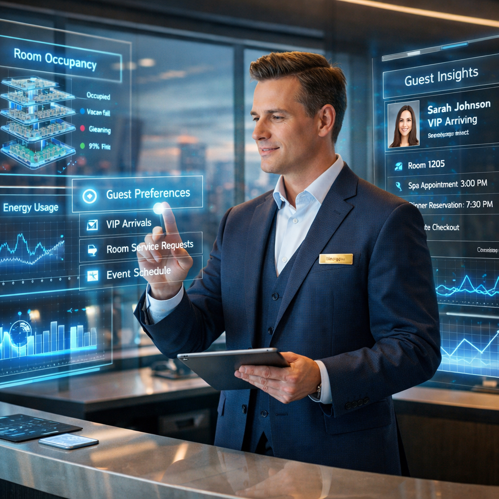 Futuristic Hotelier in Digital Workspace