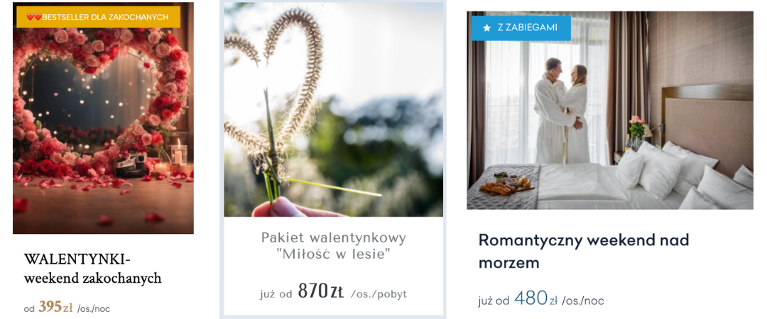 Oferta walentynkowa w silniku rezerwacyjnym Profitroom z wyróżnikiem Bestseller i romantycznym zdjęciem