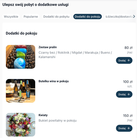 Widok dodatków do pokoju w silniku rezerwacyjnym praliny, wino i kwiaty z cenami.