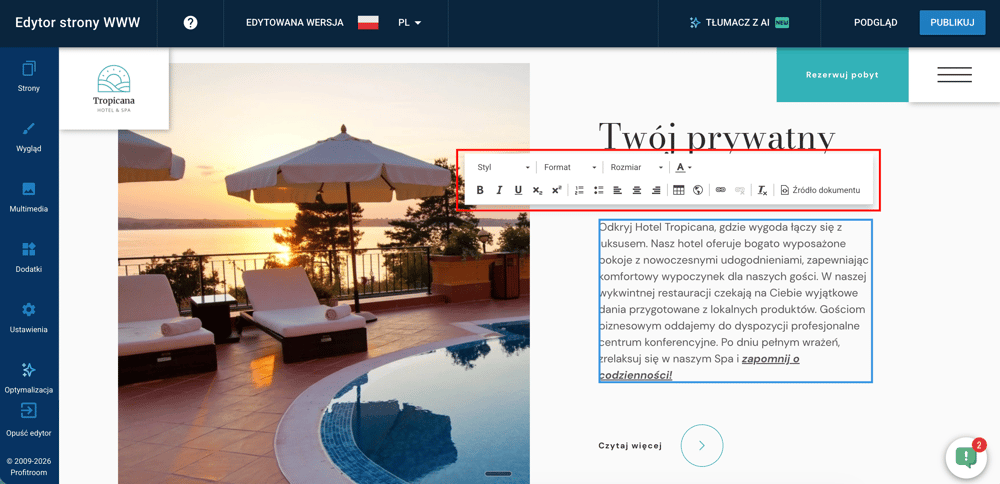 Edycja treści - Przejrzysty pasek narzędzi i pełna swoboda formatowania