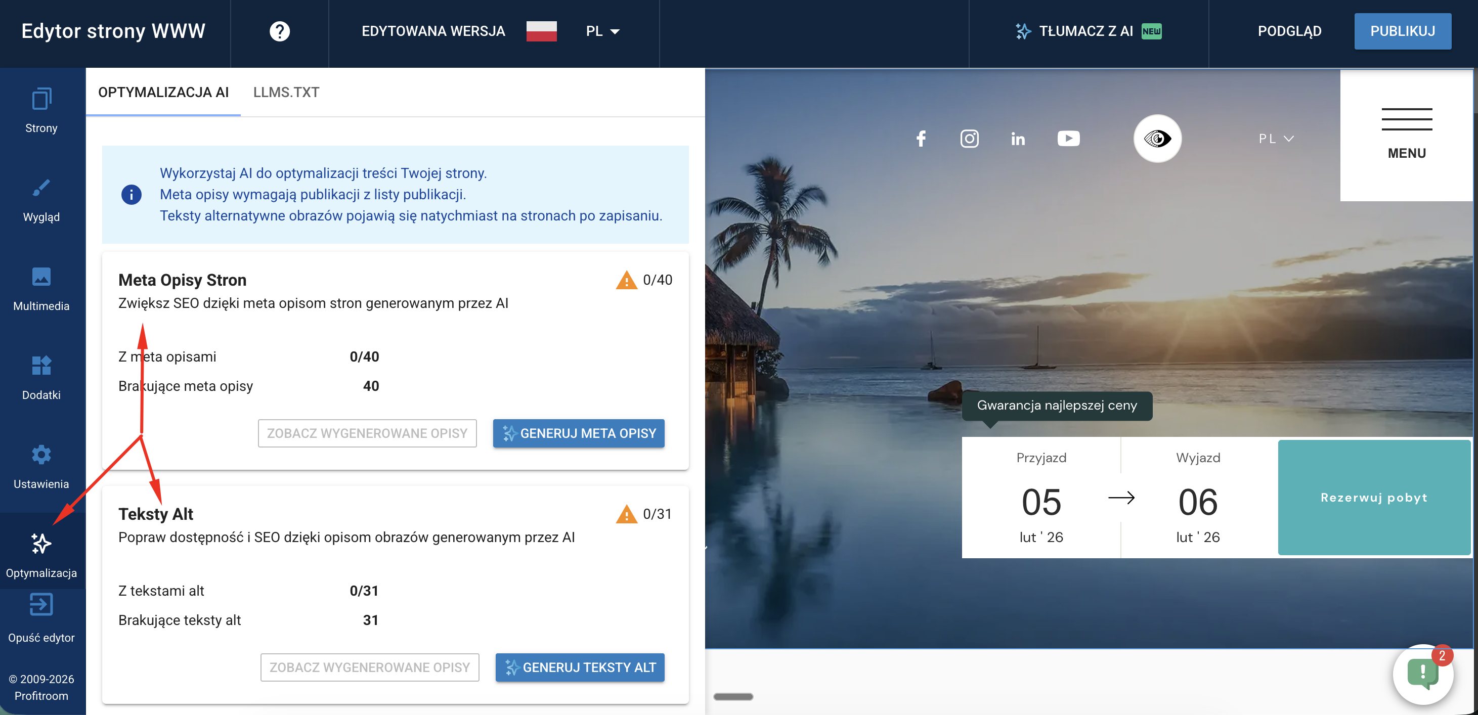 Zakładka optymalizacja umożliwiająca generowanie Alt textów i meta opisów - wspieranie widoczności strony w wyszukiwaniach oraz usprawnienie jej optymalizacji.