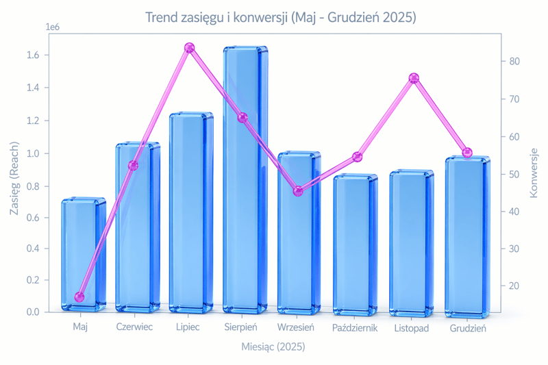 WYKRES 1: Trend zasięgu i konwersji (Maj – Grudzień 2025)