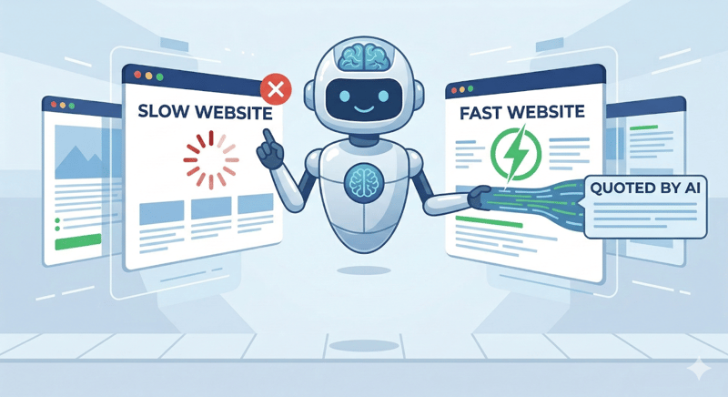 Ilustracja pokazująca wpływ szybkości strony internetowej na widoczność w AI i cytowanie treści