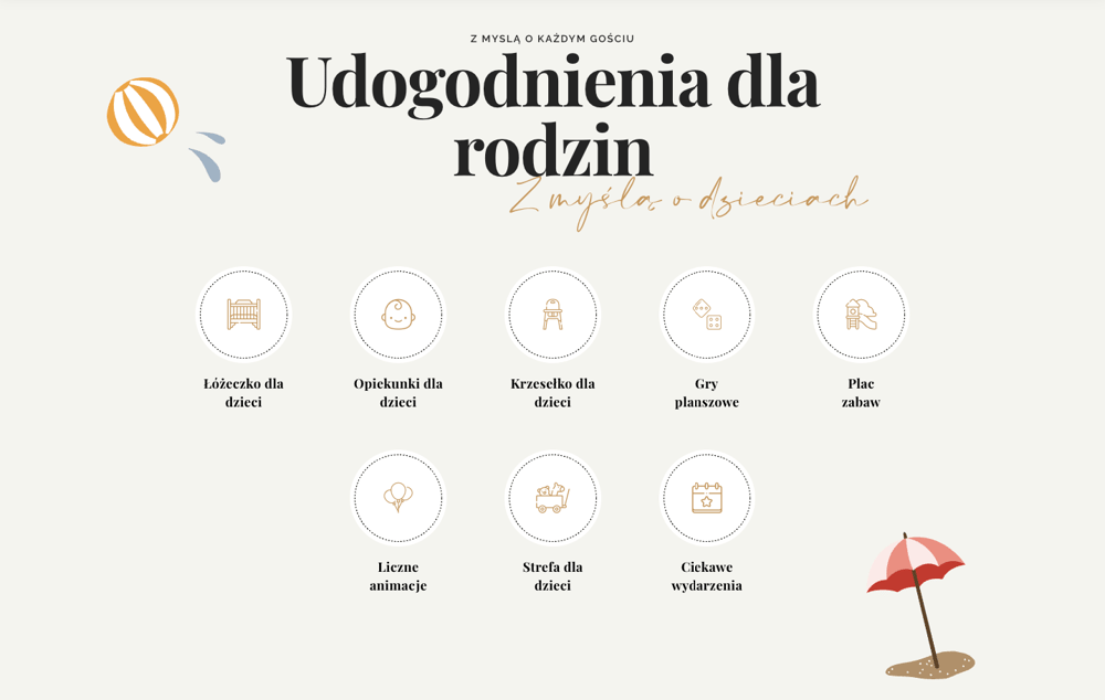Zestawienie udogodnień dla rodzin z niemowlętami w Hotelu Bania - ikony informacyjne na Landing Page